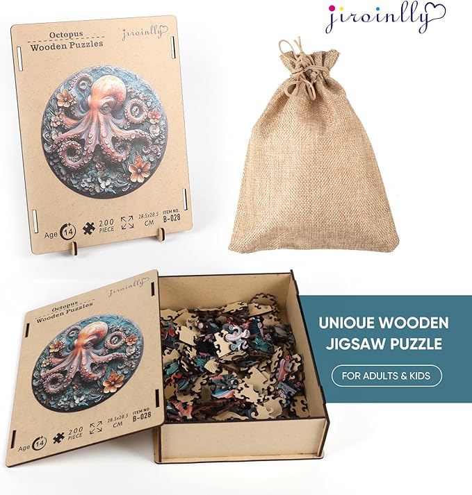 Wooden Puzzles for Adults, 3D Vision Octopus Wooden Jigsaw Puzzles 200 Pieces, 11.2 in Unique Shape Ocean Wooden Puzzle, Irregular Puzzle Creative for Adults and Kids Family Games