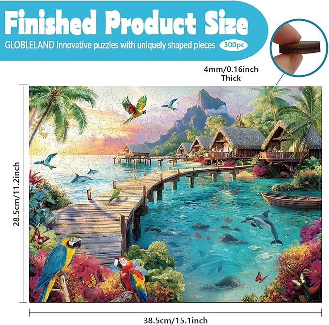 GLOBLELAND 300Pcs Tropical Oasis Wooden Jigsaw Puzzles for Adults 11.22x15.16inch Colorful Water City Wood Puzzles Holiday Birthday Gifts