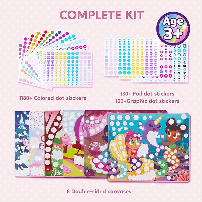 Klever Kits Dot Art Kit for Kids, No Mess Sticker for Toddlers 3-7, Craft Kits, DIY Creative Activity, Travel Toy, Birthday Presents for Boys Girls (Unicorns & Princess)
