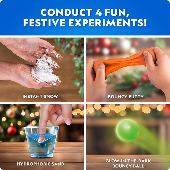 Blue Marble Science Surprise Christmas Ornaments – 4 Ornaments with Holiday Science Experiments Inside - Bouncy Ball, Instant Snow, Bouncing Putty & Hydrophobic Sand, Learning Guide & Instructions