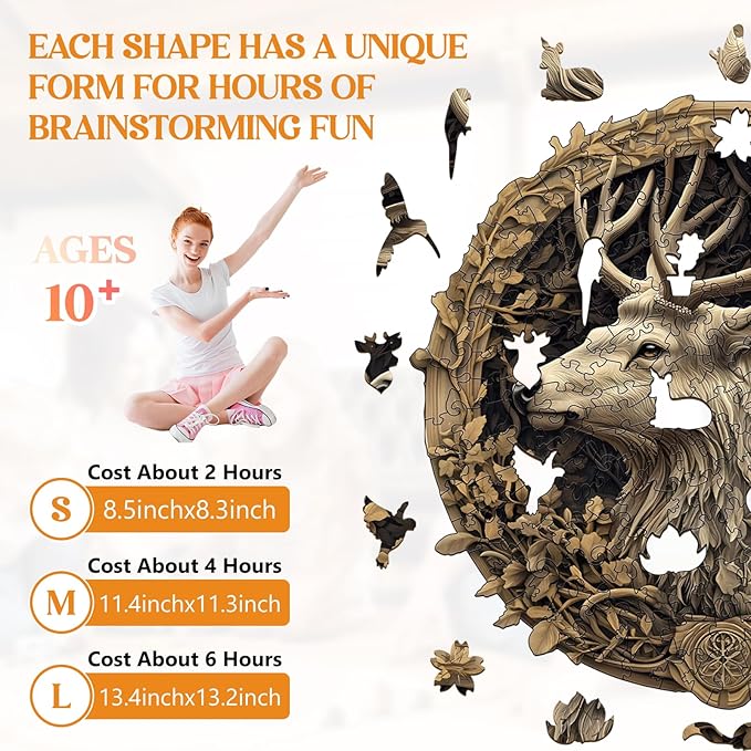 Wooden Puzzles for Adults, Wooden Jigsaw Puzzles for Adults Kids, 3D Vision Effect-3D Deer Unique Shaped Wood Puzzles Adult, Creative Birthday Gifts for Friends Family Game (11.4 * 11.3in 195pcs)