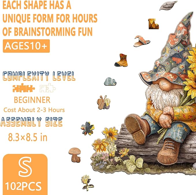 Wooden Puzzles for Adults, Sunflower Gnome Wooden Jigsaw Puzzle for Adults, Colorful Flowers Wood Puzzles Adult, Unique Shape, Fun Presents for Friends, Wall Art Home Decor(S -8.3 * 8.5in-102 pcs)