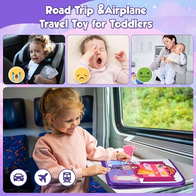 FREYBLI Toddler Busy Board, Montessori Toys for Girl Birthday Gift, Educational Quiet Activity Busy Book for Toddlers, Airplane Car Travel Toys
