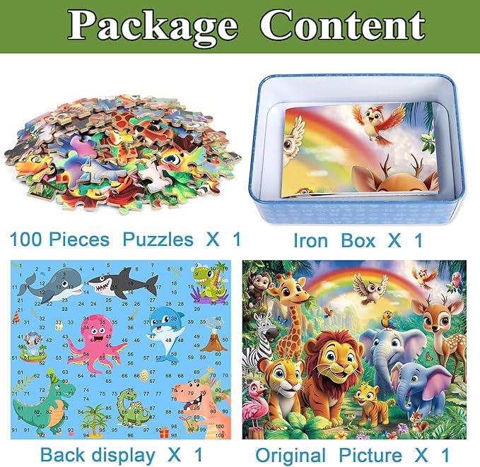 Jungle Animals Puzzles for Kids Ages 4-8, 100 Pieces Jigsaw Puzzles for Kids Ages 3-5 Puzzle for Girls and Boys Learning Educational Puzzles Toys in a Metal Box ﻿