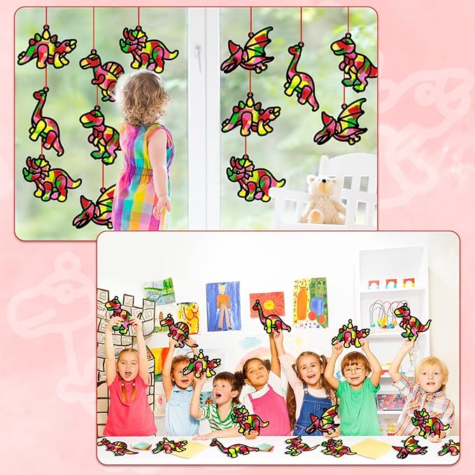 Qyeahkj 36 Set Dinosaur Suncatchers Crafts for Kids DIY Dinosaur Tissue Paper Crafts Window Stained Glass Effect Dino Hanging Decor School Home Creative Activity Art Projects Birthday Party Favor Gift