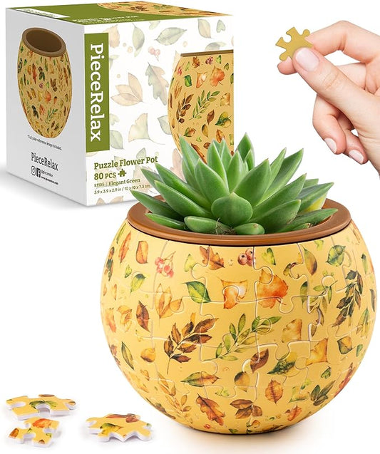 PieceRelax 3D Puzzle Planter 80 Pieces - Flower Pot - Elegant Green, Home Decor Flower Pots for Indoor Cactus, Succulents Pots [K1105]