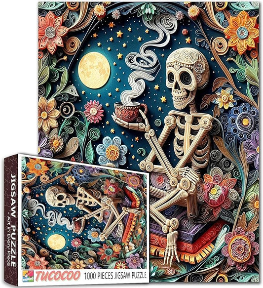 Tucocoo Skeleton and Flowers Jigsaw Puzzle for Adults 1000 Piece, Whimsical Skull Moonlight Paper Art Difficult Puzzle Challenging Night Sky Floral Puzzle for Family Game Nights Home Wall Decor Gift