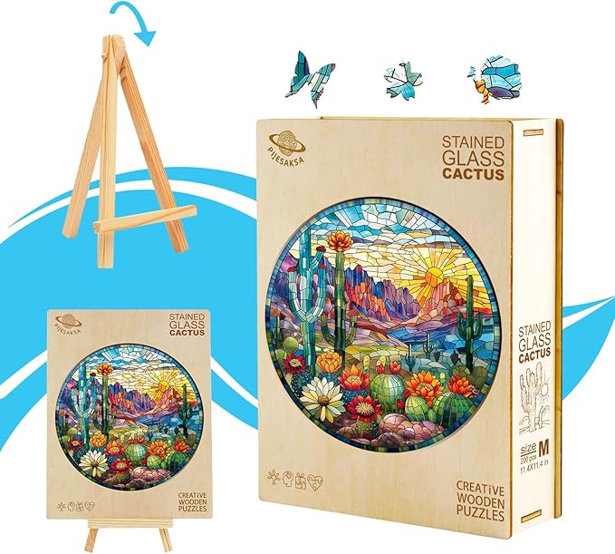 Wooden Jigsaw Puzzle for Adults, Stained Glass Cactus Wooden Puzzles for Adults 200 Pieces, Colorful Plant Succulent Wood Puzzles Adult, Unique Shape, Fun Gifts for Friend, Home Decor(M -11.4*11.4in)
