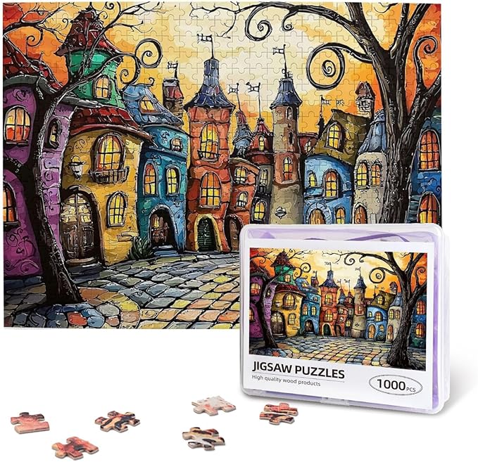 Fairytale House Puzzle 1000 Pieces，Colorful Houses Puzzles for Adults 1000 Pieces, Fairy Tale Town Puzzles，Charm Town Whimsical Jigsaw Puzzle,Magic Puzzle Art，Challenging for Night Game