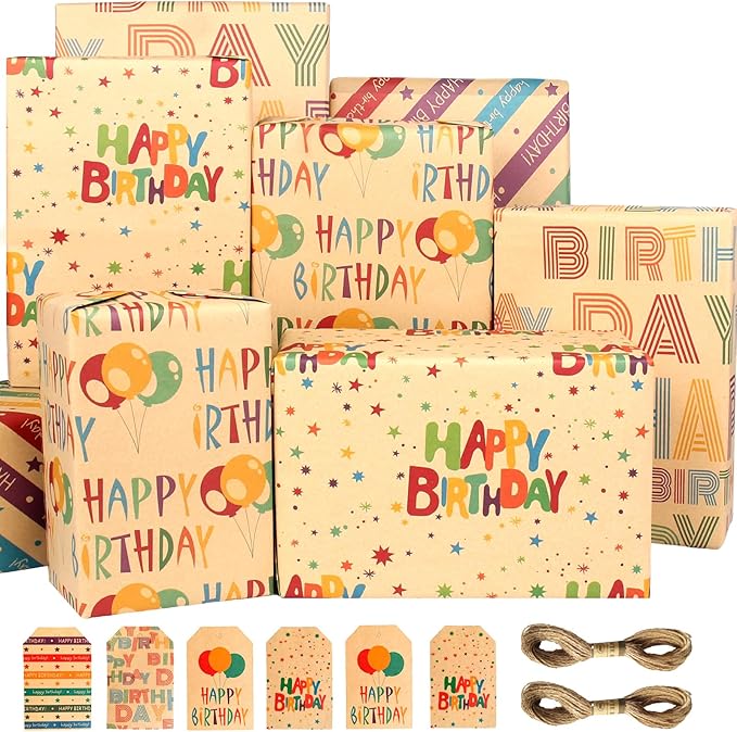 Wrapping Paper Birthday Gift Wrapping Paper Sheets Set, Kraft Birthday Gift Wrap Set,Balloon Star Happy Birhtday Paper with Tags String,Bday Present Wrap for Boy Girl Women Men