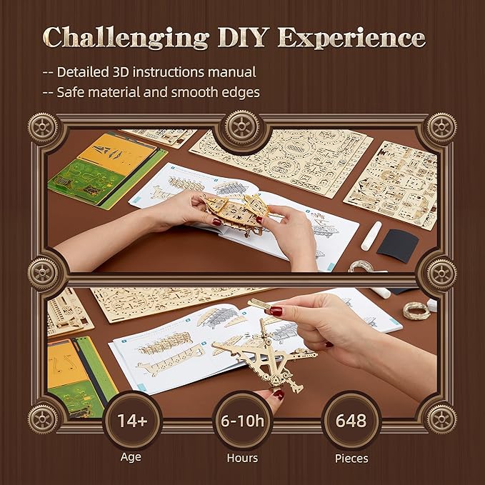 LED 3D Wood Puzzle Fantasy Airship Model - Steampunk DIY Craft Kit with LED Lights – Intricate Wooden Airship Model Building Set for Teens and Adults(Green)