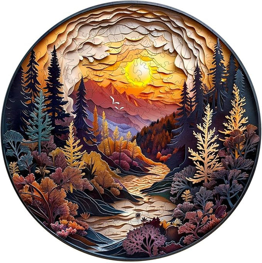 Wooden Puzzles for Adults - Sunset Forest Puzzle, Flat Puzzle with 3D Visual Effect, Unique Shape Wooden Jigsaw Puzzles, Good Gift Idea for Family and Friends (S-8.5 * 8.5in - 100 Pieces)