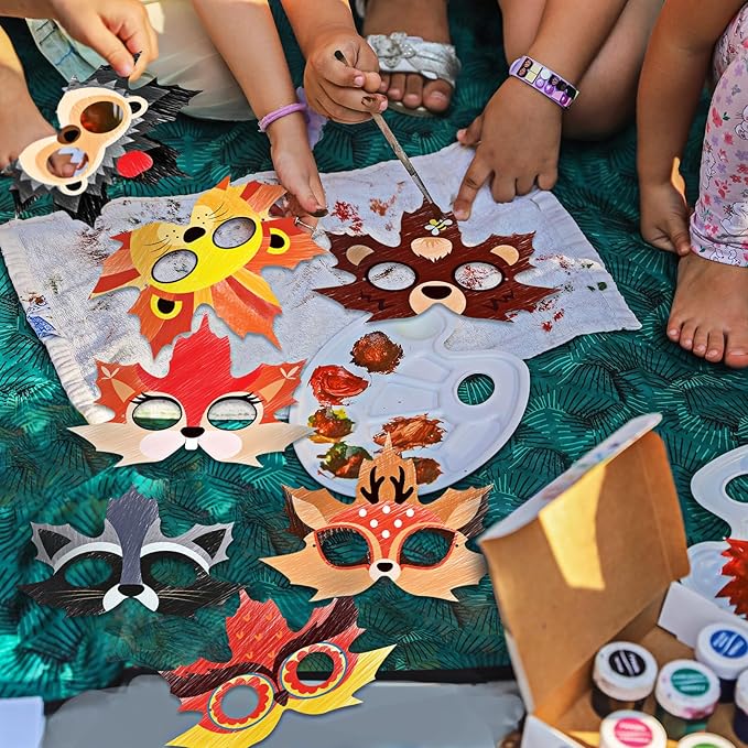 Funrous 48 Pcs Fall Craft Kits Autumn Maple Leaf DIY Mask Color Your Own Animal Blank Painting Paper Mask Thanksgiving Craft