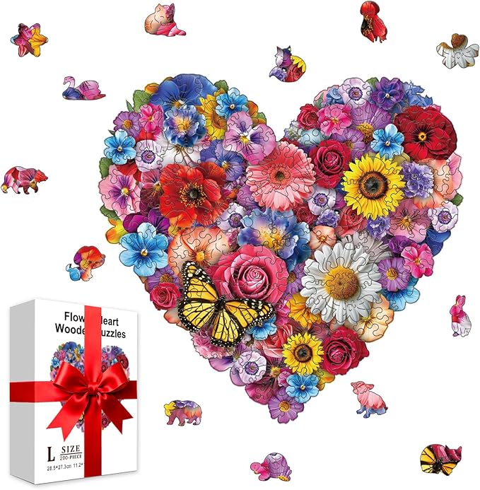 Heart Wooden Puzzles Adults, 200 Piece Flower Puzzles for Adults Vibrant Art Puzzle Unique Shaped Wood Jigsaw Puzzle Gift Fun Challenge Family Game Home Decor