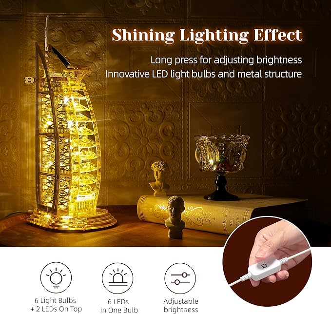 LED 3D Puzzle for Adults – 3D Wood Puzzle Architecture Building Model Kit – Super LED Dubai Landmark at Night – 3D Puzzles Home Décor Gift,Gold