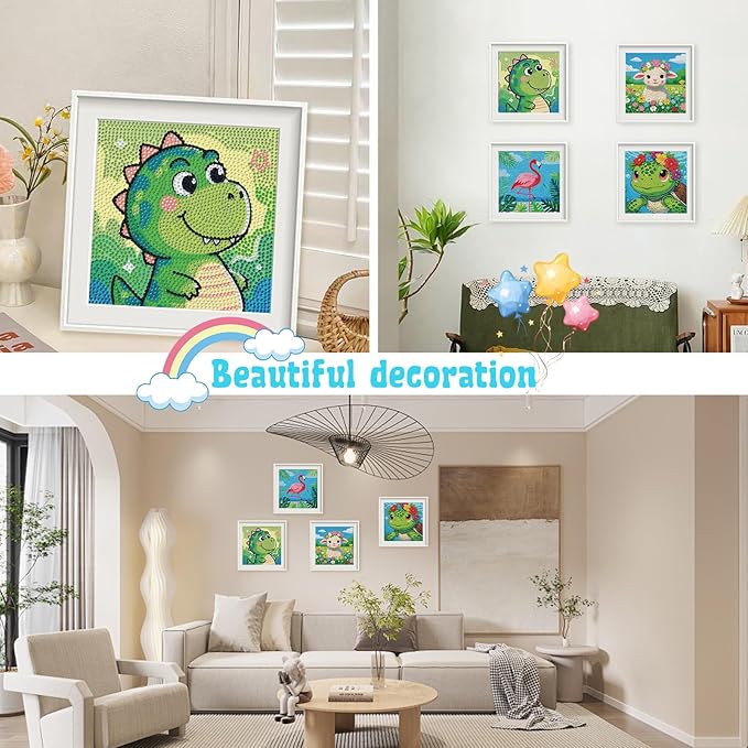 Libfx Diamond Art Kits for Kids 4 PCS Diamond Art for Girls Boys Beginners Arts and Crafts for Kids Ages 8-12 (Dinosaur Cattle Turtle crane-08)