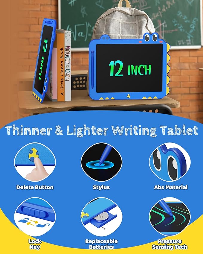 TEKFUN LCD Writing Tablet for Kids, 12 Inch Doodle Board for Toddlers, Colorful Drawing Tablet, Reusable Electronic Pads Educational and Learning Toys Gifts for 3-13 Year Old Boy and Girl (Blue)
