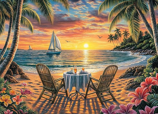 Beach Dinner Jigsaw Puzzles 1000 Pieces for Adults Sailboat Palm Trees Flowers 1000 Piece Jigsaw Puzzles for Adults