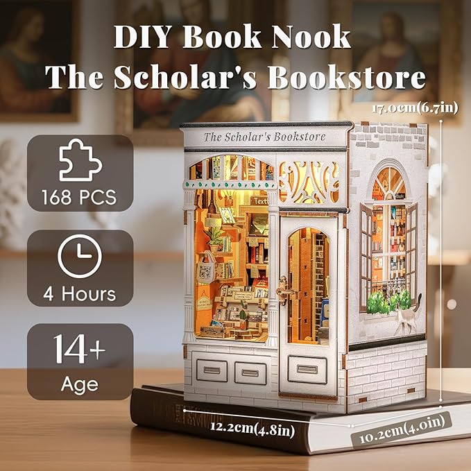 CUTEBEE DIY Book Nook Kit, Miniature House Kits for Adult and Teens, DIY Miniature Book Nook kit with Sensor Led Light, Gifts for Lovers and Family (The Scholar's Bookstore)