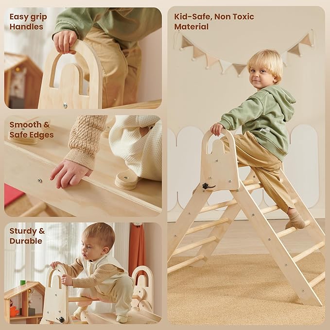 Pikler Triangle Set – 10 in 1 Foldable Montessori Indoor Climbing Toy with Yoga Mat & Cushion | Extra Large Wooden Play Set | Eco-Friendly | Ages 3+
