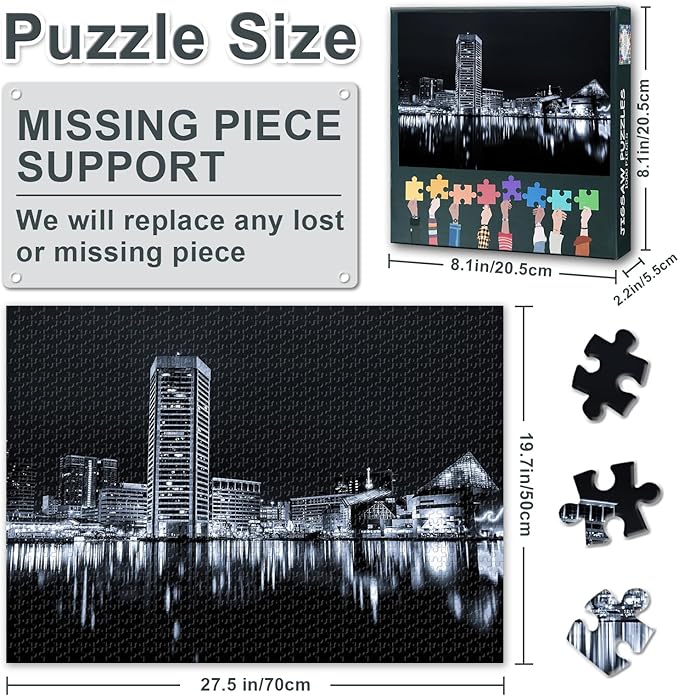 Puzzles for Adults 1000 Pieces - The Baltimore Inner Harbor Skyline at Night Jigsaw Puzzle (27.5x19.7 Inch), Cityscape Challenging Puzzles for Adults, Family Game for Men & Women