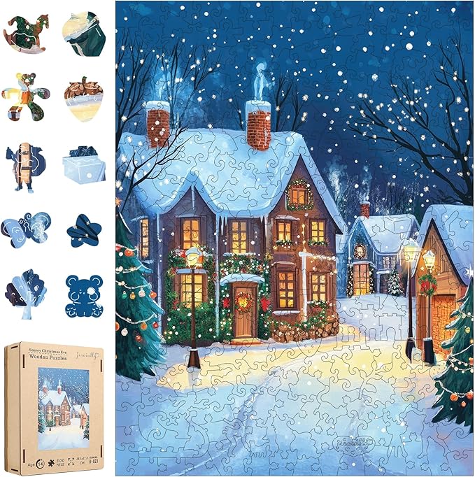 Wooden Puzzles for Adults, 300 Pieces Christmas Town Wooden Jigsaw Puzzles, 12.62 in Wooden Puzzle Adult Creative Christmas Thanksgiving Toy Gifts for Friends Family Puzzle Lovers