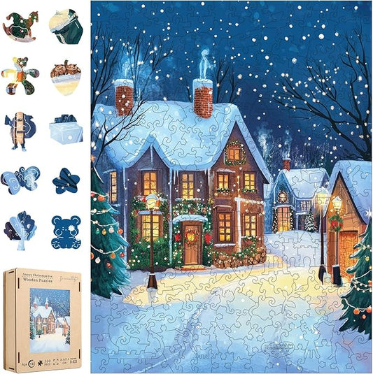 Wooden Puzzles for Adults, 300 Pieces Christmas Town Wooden Jigsaw Puzzles, 12.62 in Wooden Puzzle Adult Creative Christmas Thanksgiving Toy Gifts for Friends Family Puzzle Lovers