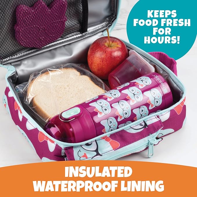 Bentology Kids Lunch Bag Set Pink Kitty- Thick Padded Handle, Insulated Tote, Reusable Hard Ice Pack & Insulated Stainless Steel Water Bottle- Keeps Lunch Fresh Longer, Back to School Lunchbox Kits