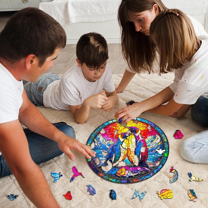 Wooden Puzzles for Adults - Colorful Couple Penguins Wooden Jigsaw Puzzle, Unique Animal Shaped Wood Puzzles Adult, Christmas Birthday Gifts for Friends/Family, Home Decor 11.4 * 11.4in 200pcs