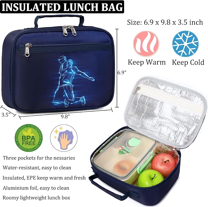 JIANYA Kids Backpack for School Boys, Basketball Themed Backpack with Lunch Box Elementary Kids School Bag Travel Back Pack for Boy, Blue