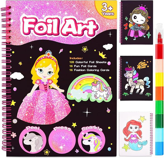 LICSOR Foil Art Crafts Activity for Kids, Craft Gift for Girls Kids Ages 4-6-8-12, Fun DIY Creative Travel Toys Art Supplies, Unicorn Princess Birthday Gift for Girls 5 6 7 8 9 10 Years Old