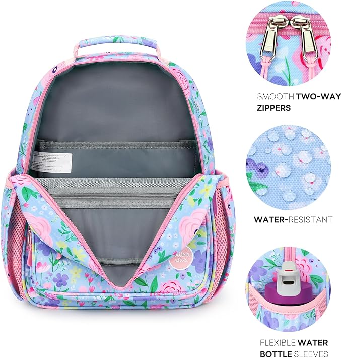 mibasies Kids Backpack for Girls: Girls Backpack 5-8 - Kindergarten Elementary School Bookbag for Girl - Flower Light Blue