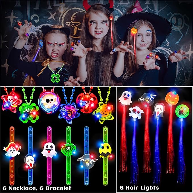 84 PCS Halloween Party Favors for Kids, Glow In The Dark Halloween Toys Bulk Light Up Rotating Necklace LED Ring Bracelet Hair Lights Halloween Treats Classroom Prizes Goodie Bag Filler Trick or Treat