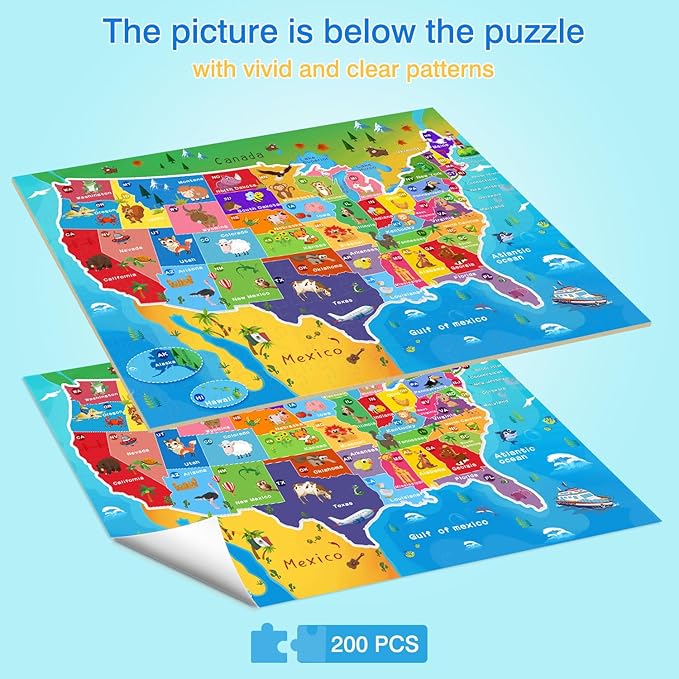 Puzzles for Kids Ages 6-8 and 8-10 – 200 Piece USA Map Jigsaw Puzzle – Educational Learning Toy for Boys and Girls