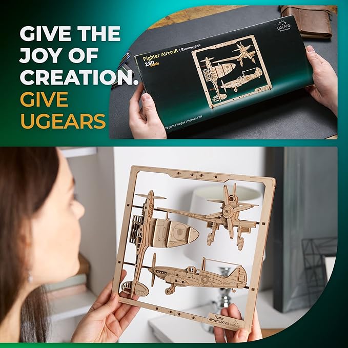 UGEARS 2.5D Framed Fighter Aircraft - Classic Aircraft Wood Model Kit with Movable Aileron, Propeller, Wheel & Canopy - Airplane Wooden Puzzle Model Kits - Home and Office Decor