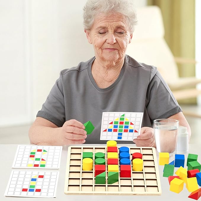 Activities for Dementia Patients, 44 Blocks Wooden Puzzle Games for Seniors, Colorful Shape Pattern Alzheimers Products for Elderly, Tile Color Matching Memory Cognitive Busy Board Gadgets Gifts