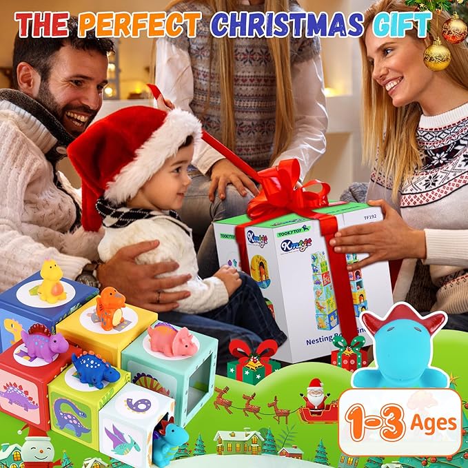 KMTJT Toddlers and Babies Dinosaur Sorting and Stacking Toys Blocks for 1-3 Kids Preschool Learning, Numbers Nesting Boxes Montessori Toys Gifts for 1 2 3 Year Old Baby Boys Girls