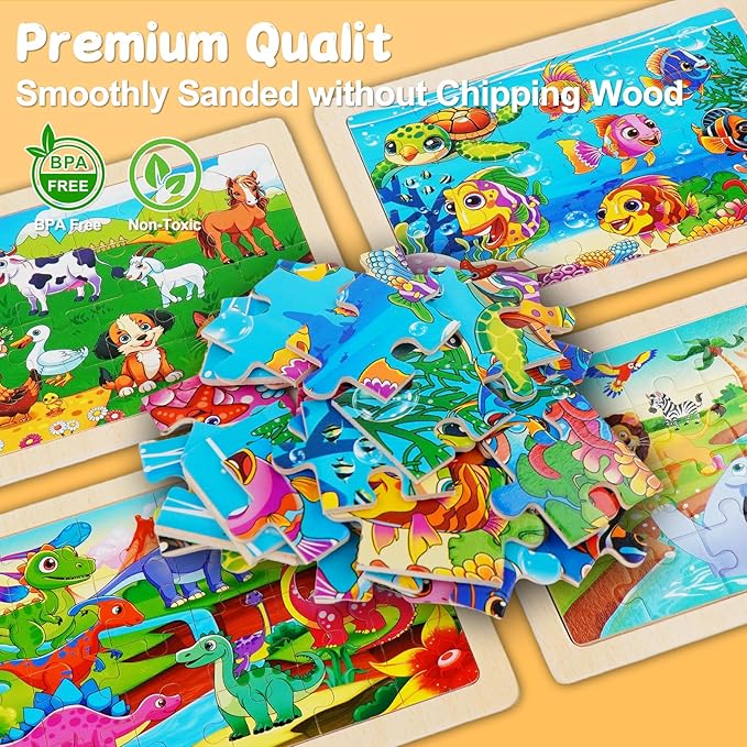 Wooden Jigsaw Puzzles for Kids Ages 3-6, 4 Pack with Animals Preschool Educational Toys, Toddler Puzzles Gift for 3 4 5 Year Old Boys Girls (Animal)