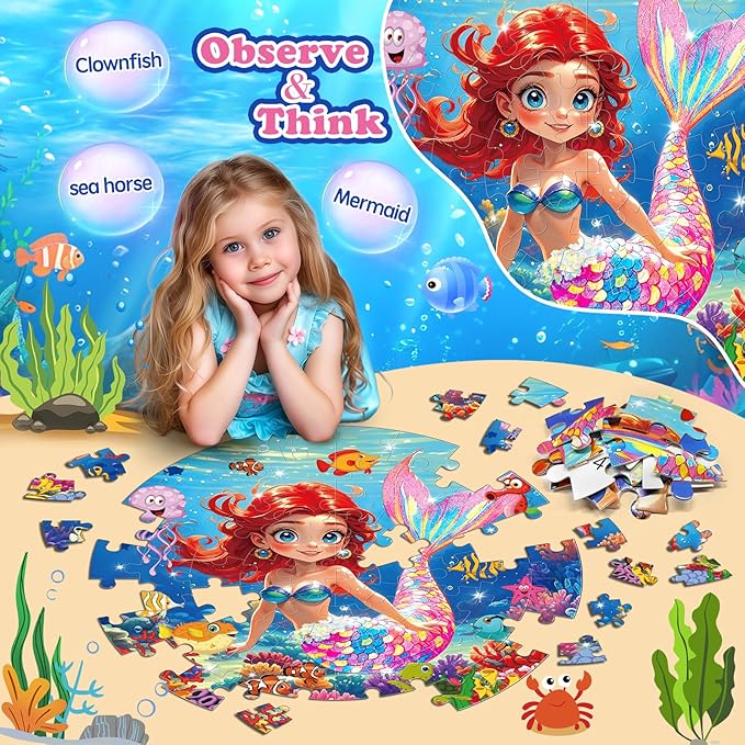 72 Pieces Shimmery Jumbo Mermaid Floor Puzzle for Girls 3-5 4-6 Age Floor Puzzles for Boys and Girls Large Round Floor Jigsaw Puzzles (Mermaid)