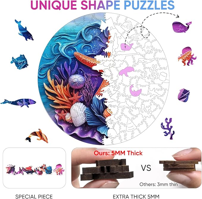 delobil Wooden Puzzles for Adults, Seashell Starfish Jigsaw Puzzles 200 Pieces, Unique Shape Summer Puzzles with Wooden Box, 11.2 x 11.2 Inches Family Puzzles Game Gift for Adults and Kids
