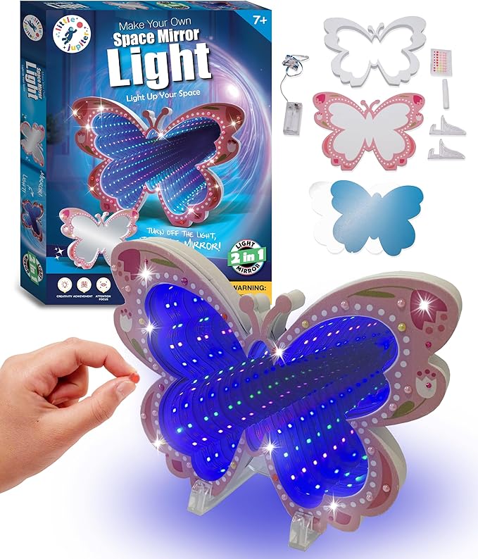 DIY Butterfly Space Mirror Light - 2 in 1 Mirror & Space Tunnel Effect with LED Lamps - Perfect Science Kids Arts and Craft Activity Kit for Girls 7-12 Years Old - Foam Craft with Gem Art Decorations