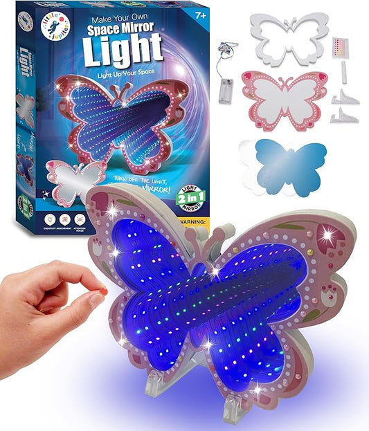 DIY Butterfly Space Mirror Light - 2 in 1 Mirror & Space Tunnel Effect with LED Lamps - Perfect Science Kids Arts and Craft Activity Kit for Girls 7-12 Years Old - Foam Craft with Gem Art Decorations