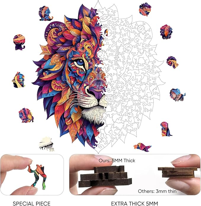 Lion Wooden Puzzles for Adults 200 Pieces,Lion Mandala Unique Shaped Wood Jigsaw Puzzles for Adults and Kids,Irregular Wood Puzzles,Extra Thick 5MM,Best Birthday Gift,10.4x11.9Inch