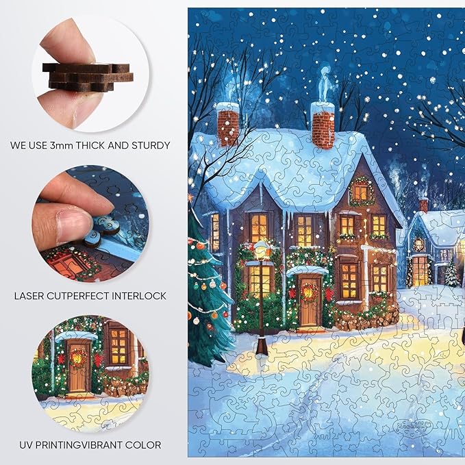 Wooden Puzzles for Adults, 300 Pieces Christmas Town Wooden Jigsaw Puzzles, 12.62 in Wooden Puzzle Adult Creative Christmas Thanksgiving Toy Gifts for Friends Family Puzzle Lovers
