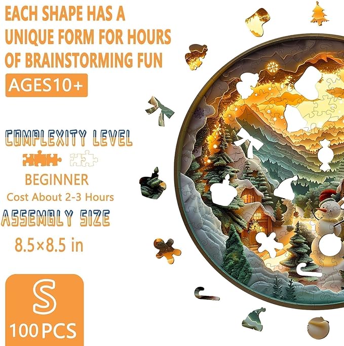 Christmas Wooden Puzzles for Adults, Snow Village Wooden Jigsaw Puzzle, Wood Puzzles Adult, Presents for Family and Friends, Wall Art Home Decor (S -8.5 * 8.5in 100 Pieces)