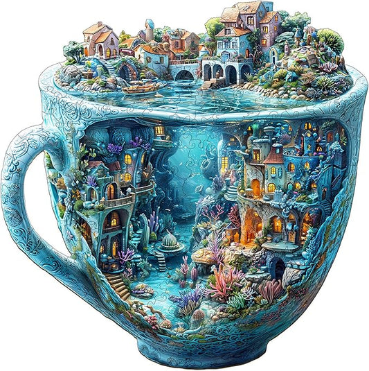 Wooden Puzzles for Adults, Ocean Mug Wooden Jigsaw Puzzle for Adults, Unique Shaped Wood Puzzles Adult, Dreamy City Scenery Puzzle, Fun Gifts & Home Decor (S-8.5 * 8.5in - 100 pcs)