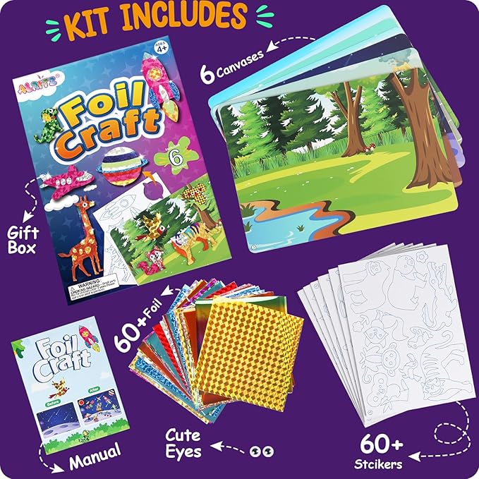 Alritz Arts and Crafts,Foil Crafts Fun Kit, Art Kit Toys for Kids Animals Space Cars, Foil Stickers Supplies,Travel Toys DIY Christmas Gifts for Girls Boys 4 5 6 7 8 9 10 11+ Years Old (6 Theme)