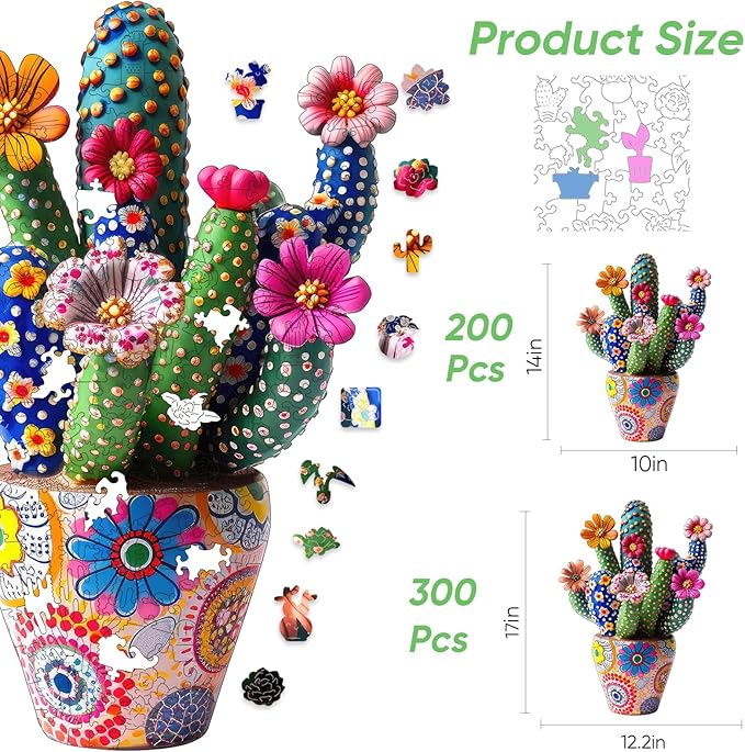 Mys Aurora Puzzles for Adults Cactus Flower Wooden Puzzles, 300 Pieces Unique Shaped Jigsaw Puzzles, Birthday for Adults and Kids, Fun Challenge Family Game 12.2 x 17 Inch