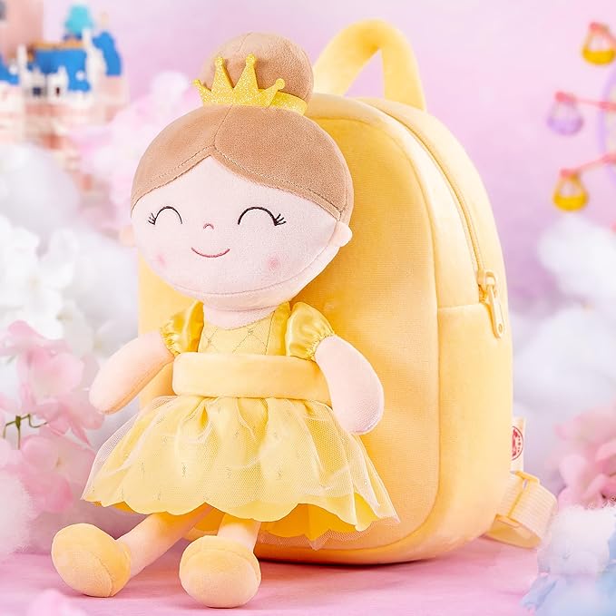 Gloveleya Back to School Gifts for Girls Toddler Backpack for Girls Kids Backpacks Soft Girl Toys Plush Baby Girl Gifts with Plush Princess Bella Doll Yellow 9"
