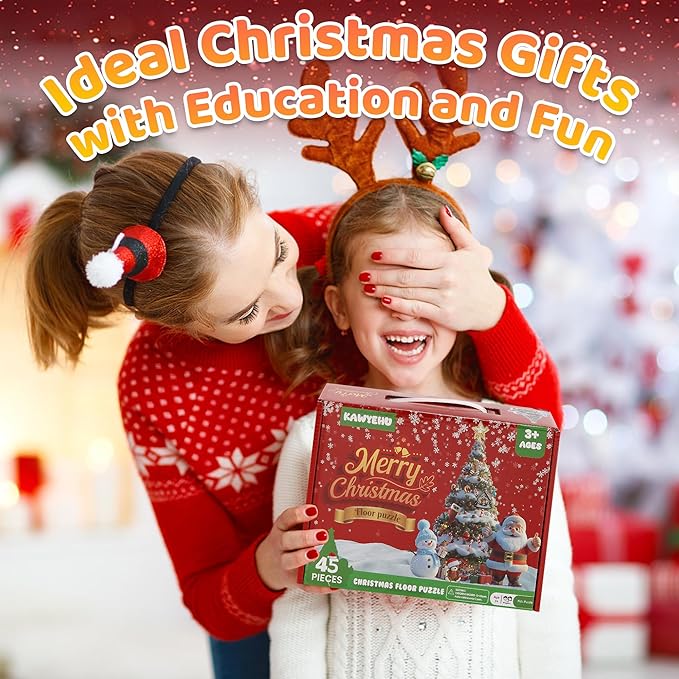 Floor Puzzles for Kids Ages 3-5, Christmas Puzzles for Toddler Ages 4-6, 45 Pieces Jumbo Puzzles with Box, Christmas Toys for Gifts 3-8 Years Old